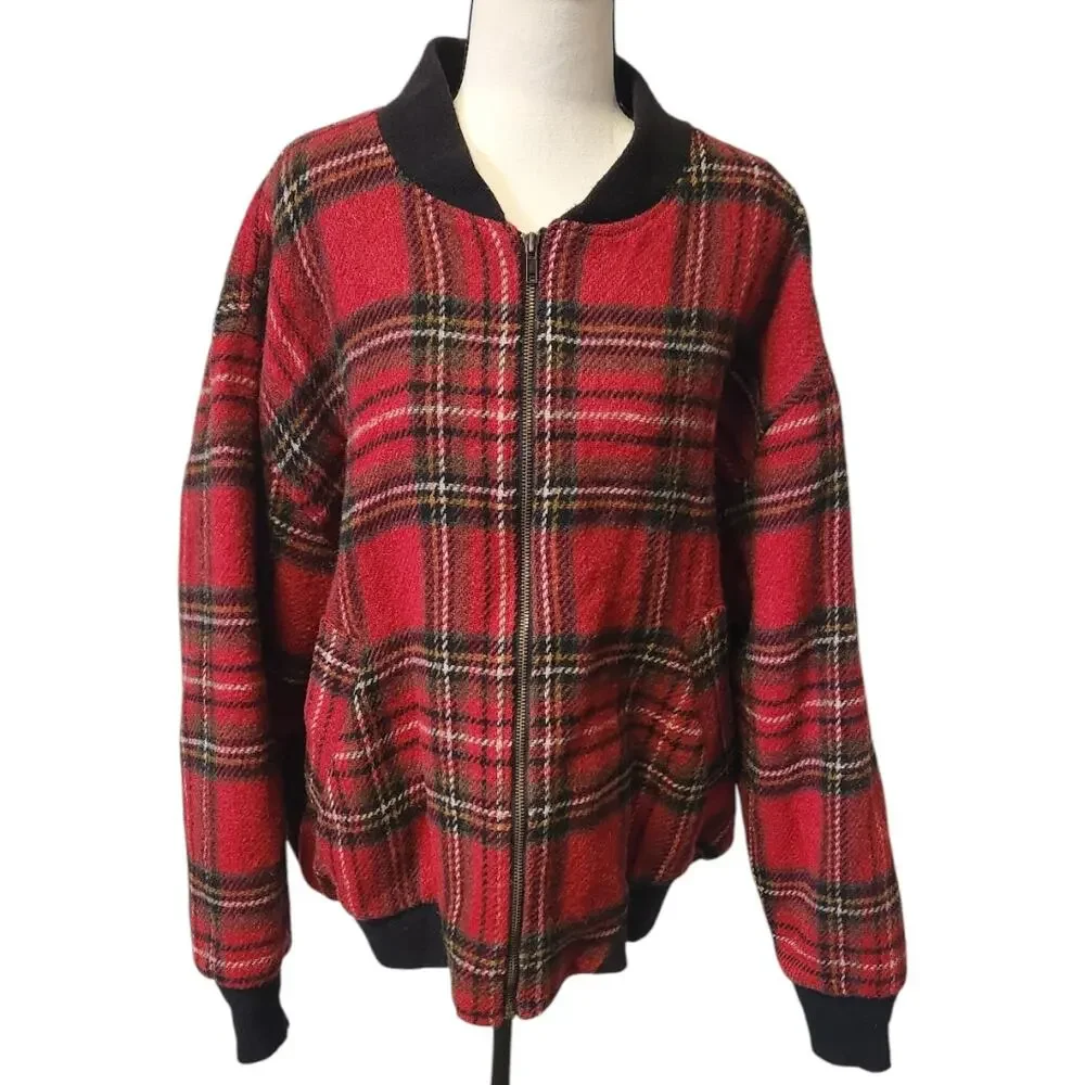 Vintage Woolrich Wool Mohair Red Tartan Plaid Bomber Jacket Coat USA Women XL - Picture 3 of 9